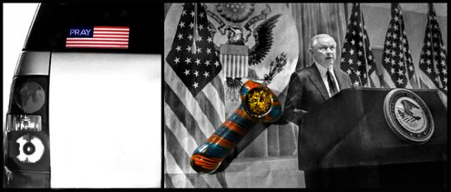 A call to prayer, a pipe and Sessions in the Times. (Photo left, Lou Ann Merkle, right, John Grant)